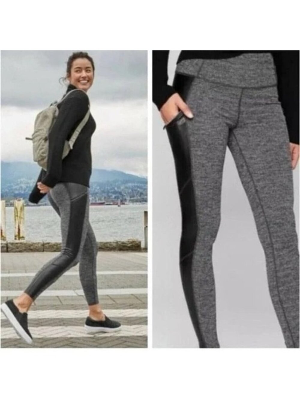 Athleta Luxe Herringbone Metro Drifter Faux Leather Leggings Zip Pockets Black L